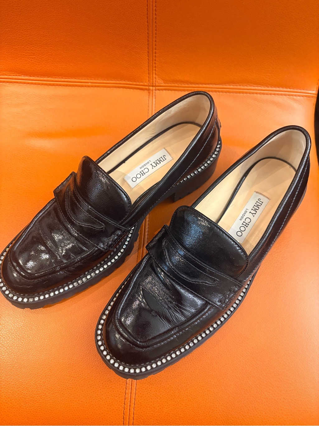 Jimmy Choo Black Leather Crystal-Trim Loafers
